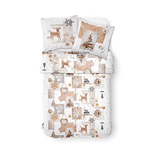 TODAY HC3 – '57 Yarns 2 People Enjoy Design Snow Deer Bedding Set Duvet Cover & 2 Pillow Cases 63x63 cm, Cotton, White, Beige, 220 x 240 cm