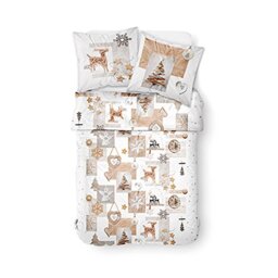 TODAY HC3 – '57 Yarns 2 People Enjoy Design Snow Deer Bedding Set Duvet Cover & 2 Pillow Cases 63x63 cm, Cotton, White, Beige, 220 x 240 cm