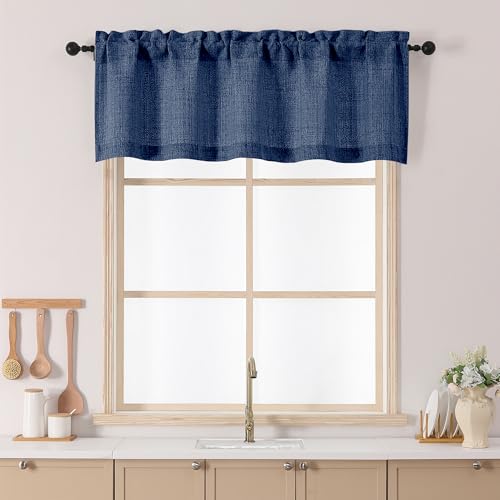 Chyhomenyc Navy Blue Valance for Windows - Light Filtering Faux Linen Textured Small Valance Curtains, Farmhouse Rod Pocket Top Short Curtain for Windows Bathroom Basement, 52Wx18L Inch, 1 Piece