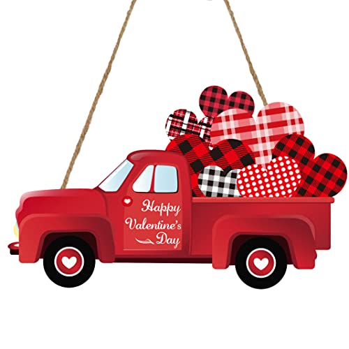 Red Truck Valentine Wooden Door Sign - Wall Hanging Sign Door Hanger Wall Plaque for Wreaths Valentine's Day Door Decorations (Red Heart)
