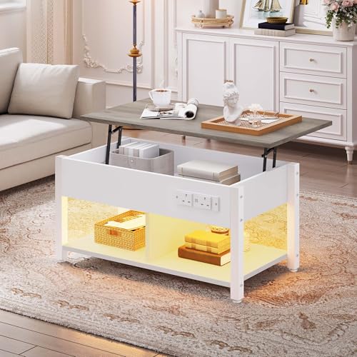 YITAHOME Lift-Top Coffee Table, Easy Adjustable Height with Hidden Storage, Rectangular Coffee Table with 2-Tier Storage, Power Outlets, Multi-Color LED Lighting for Living Room, White and Grey
