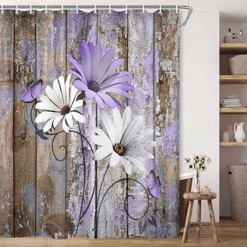 JAWO Farmhouse Flower Floral Shower Curtain, Rustic Purple Daisy Shower Curtain Set, Country Purple Wild Garden Plant Fabric Shower Curtain with Hooks, Brown Wooden Board Bathroom Curtain, 60x70inch