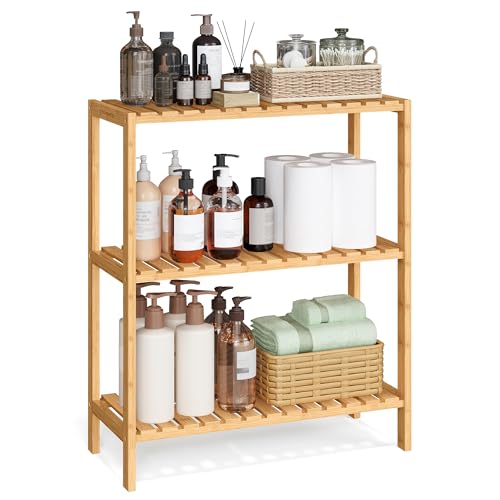 SONGMICS Bamboo Storage Shelf, 3-Tier Shelving Unit, Multifunctional, in the Hallway, Bathroom, Living Room, Balcony, Kitchen, 26 x 60 x 66 cm, Natural BCB33Y