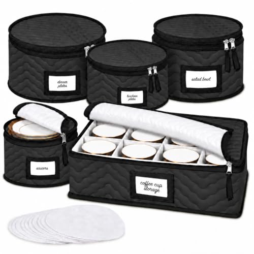China Storage Containers 5-Piece Set Moving Boxes for Dinnerware, Glasses, Plates, Mugs and Saucers Sturdy Quilted Microfiber Dish Organizer with Dividers for Seasonal Storage - Holds Set of 12, Black