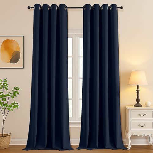 Simplebrand Navy Blue Extra Long 10ft Curtains for Patio 120 Inches Long 2 Panels Set, Room Darkening Light Blocking Solid Thermal Insulated Energy Saving Grommet Noise Reducing Curtains, 50 Wx120 L
