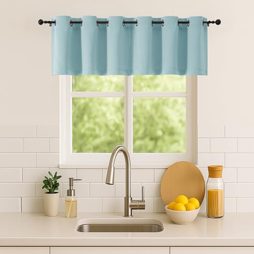 Simplebrand Aqua Kitchen Valances for Windows 18 Inches Long 2 Pack, Room Darkening Window Valances for Living Room, Grommet Short Straight Drape Kitchen Curtains for Bedroom Kids Room, 40Wx18L
