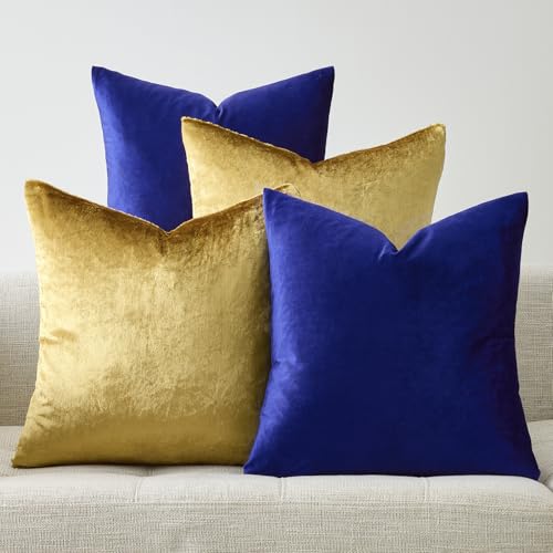 GIGIZAZA Decorative Velvet Pillow Covers - 18x18 Throw Pillows Soft Blue Gold Covers Accent for Couch Living Room Bed Square Modern Luxury Cushion Covers Home Decor Set of 4