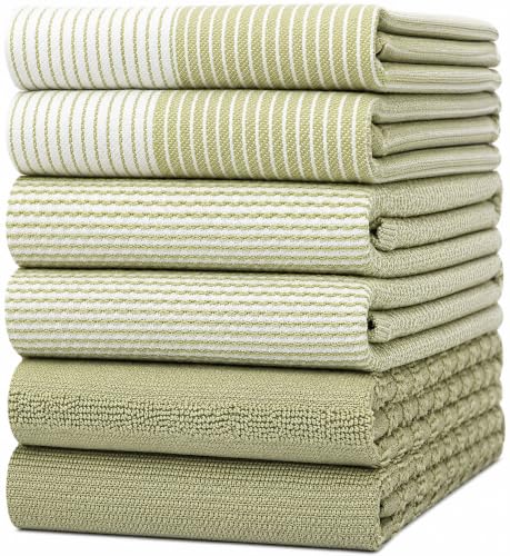 "Bumble Kitchen Hand Dish Tea Towels ??? Bulk Set of 6 ??? Luxe, Soft, Durable Ring Spun Cotton with 3 Different Textures ??? Extra Large 20"" x 28"" / 50 x 70 cm Size (Sage Green)"