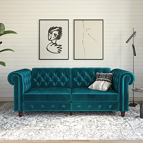 DHP Furniture Felix Chesterfield Sofa Bed Velvet Teal, 224 x 85 x 81cm (W x D x H)