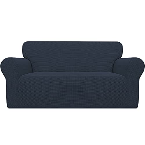 Easy-Going Stretch Loveseat Slipcover 1-Piece Sofa Cover Furniture Protector Couch Soft with Elastic Bottom for Kids Polyester Spandex Jacquard Fabric Small Checks (Loveseat, Dark Blue)