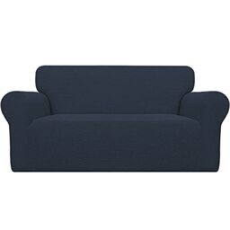 Easy-Going Stretch Loveseat Slipcover 1-Piece Sofa Cover Furniture Protector Couch Soft with Elastic Bottom for Kids Polyester Spandex Jacquard Fabric Small Checks (Loveseat, Dark Blue)
