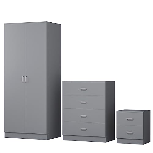FWStyle Tunis 3 Piece Bedroom Furniture Set including 2 door wardrobe a large 4 drawer chest and bedside cabinet Matt Grey