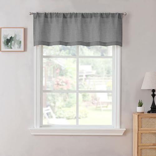 Tollpiz Linen Valance Bedroom Rod Pocket Semi Sheer Curtain Valances Burlap Light Filtering Thick Linen Valance Drape for Living Room, 54 x 16 inches Long, Dark Grey, Set of 1 Panel