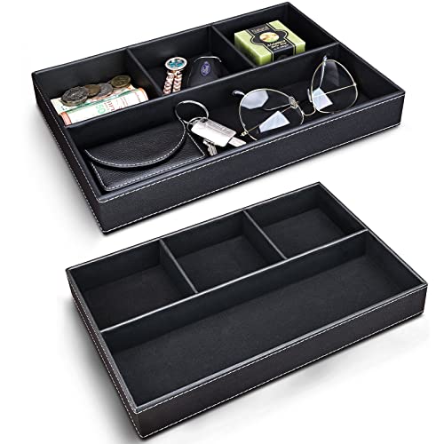 GORESE 2 Pieces Faux Leather Valet Tray for Men, Stackable Jewelry Organizer for Drawers, Nightstand Caddy Tray for Key, Wallet, Sunglass, Watch, Coin, Phone, Bedside Desk-top Storage Black