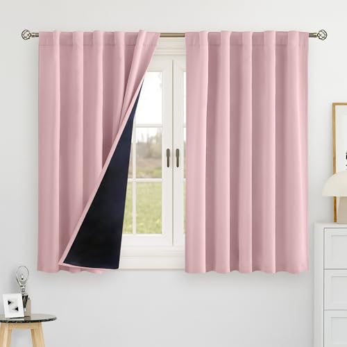 BGment 100% Blackout Curtains 40 Inch Length for Cafe, Rod Pocket and Back Tab Double Layer Thermal Insulated Full Room Darkening Bedroom Kitchen Curtains, 2 Window Panels, 42 x 40 Inch, Pink