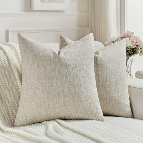 FUTEI Pack of 2 Chenille Decorative Throw Pillow Covers 22x22 Inch,Soft Cozy Faux Linen Textured Cushion Case,Farmhouse Home Decor for Couch Living Room,Natural Linen