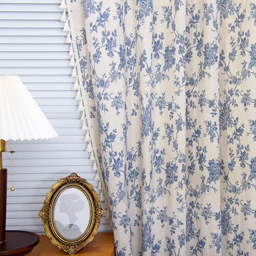 LOVOUS Vintage Blue Floral Curtains for Living Room 84 Inch Length Linen Blue Toile Curtain Rod Pocket French Country Drapes with Tassel Bedroom Window Curtain Set 2 Panels