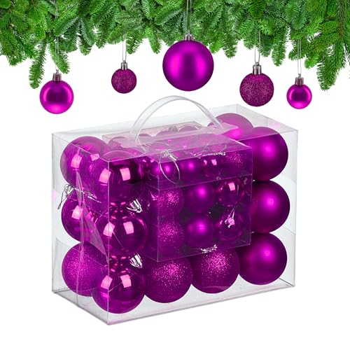 Relaxdays Christmas Baubles, Set of 50, Tree Ornaments, Holiday Decorations, Plastic, Glittery, Matte & Shiny, Violet
