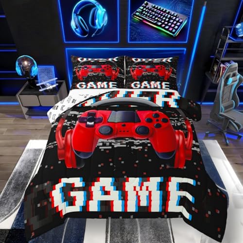 Teens Video Games Down Comforter 3D Headset Headphones Gamepad Bedding Set, Kids Boys Music Themed Gamer Comforter/Quilt Set, Gaming Controller Bedspread, Bedroom Decor Queen Size, Red Black