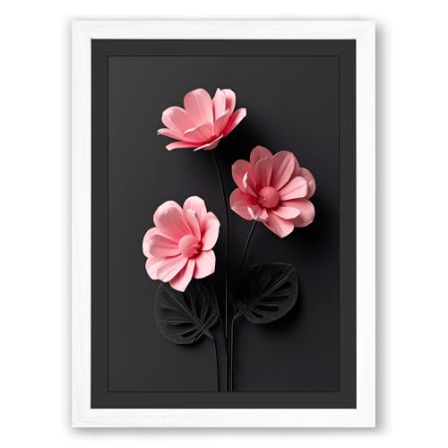 Three Pink Blooms Minimalist Framed Wall Art Print A2 (59.4×42cm) White, Wall Decor for Living Room, Bedroom, Office & Home, Ready to Hang, Art Gift