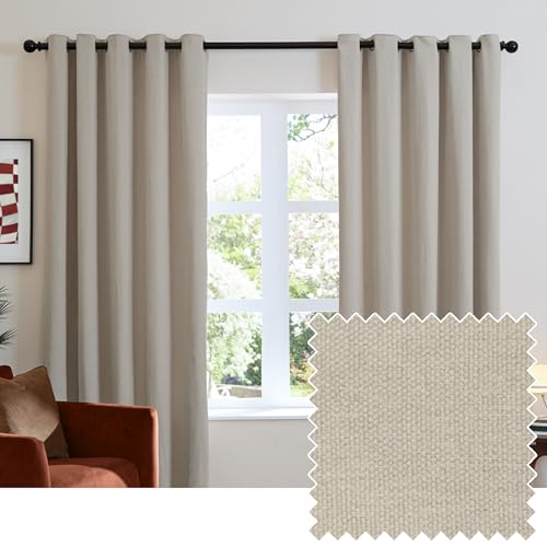 furn. Soft Chenille Blackout Eyelet Curtain Pair – Soft Touch Matt Textured Lined Minimalist Curtains (Natural - 168x229cm)