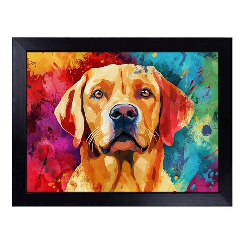 Lap Tray with Bean Bag Cushion, Labrador Retriever Painting Dog - Handmade in the UK, Raised Wooden Edge, Padded Cushion, Heat-Resistant Wipe-Clean Surface, for Meals, Laptops and Crafts