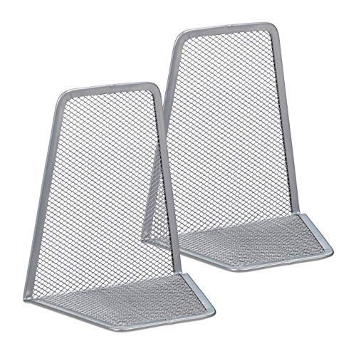 Relaxdays Set of 2 Bookends, Supports for Books, CDs, DVDs, HxWxD: app. 14.5 x 12.5 x 9 cm, Silver