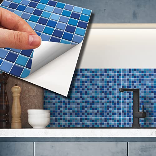 "WALPLUS 15cm(6"") 24 Pieces Classic Blue Mini Mosaic Wall Tile Sticker Set Peel and Stick Backsplash Decals Vinyl Home Decors Splashback for Kitchen Bathroom Tile Paint Stick on Wall"