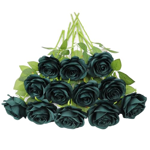 JUSMAI 12pcs Roses Artificial Flowers Peacock Green Roses Flowers with Long Stems Silk Flowers for Wedding Bouquet Centerpices Decorations Party Bridal Baby Shower Home D??cor fake roses