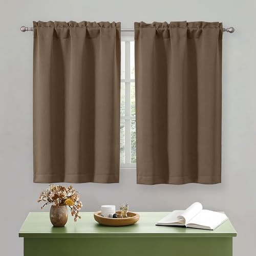 "OWENIE Brown Short Blackout Curtains 45 Inch Length 2 Panels Set for Small Kitchen Bedroom Window, Rod Pocket Privacy Curtains Tier for Bathroom Basement Cabinet Camper RV Bunk, Each 30"" Wx45 L"