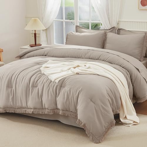 Andency California King Comforter Set, 7 Pieces Wheat Green Bedding - Boho Bed in a Bag, Soft Lightweight, Fringe Bed Set with Comforter(104x96), Sheets, Pillowcases & Shams