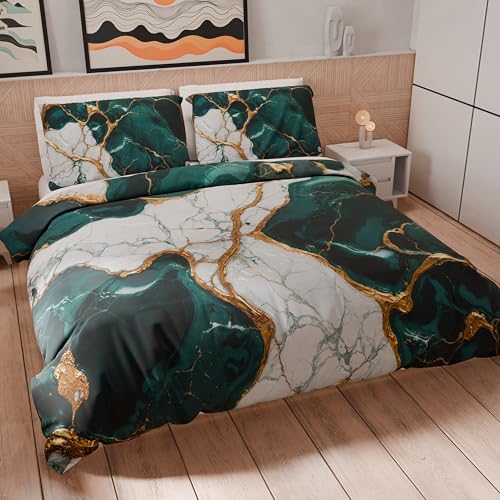PETTI Artigiani Italiani - Double Duvet Cover Set 200 x 200 cm (2 Pillowcases 80 x 80 cm Included), Microfibre Duvet Cover Set with Digital Print Teal Marble Effect - Made in Italy
