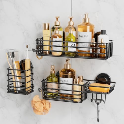 LEVERLOC Shower Caddy Suction Cup, Suction Caddy with Hooks and Soap Holder for Bathroom, No-Drilling Bathroom Shower Organizer