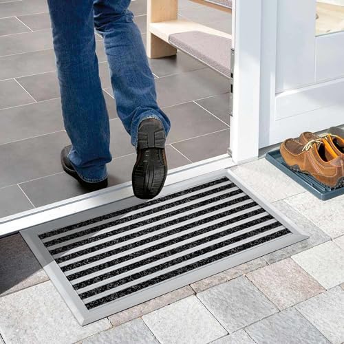 Nicoman Aluminium Barrier Dirt-Trapper Door Mat Metal Scrape Doormat, Ribbed Aluminum with Carpet