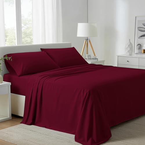 "Carressa Linen California King Egyptian Cotton Sheets - 800 Series Tulips Collection Egyptian Cotton Cal King Sheets (4 PC, Burgundy), 16"" Deep Pocket Sateen Weave Luxury Hotel Bed Sheet"
