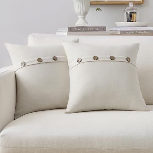 Meekio Set of 2 Ivory Square Pillow Covers 16 x 16 Farmhouse Boho Pillow Covers with Coconut Buttons for Sofa Couch Living Room Bedroom Farmhouse D??cor for The Home