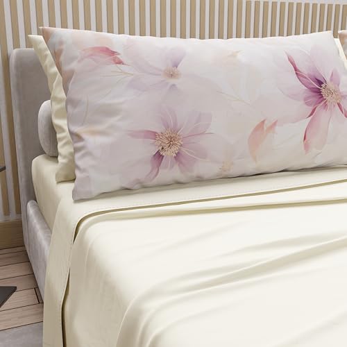 PETTI Artigiani Italiani - Double Bed Sheets Cotton with Pillowcases in Digital Print, Double Bed Sheet, Floral Pattern 8 Cream, 100% Made in Italy