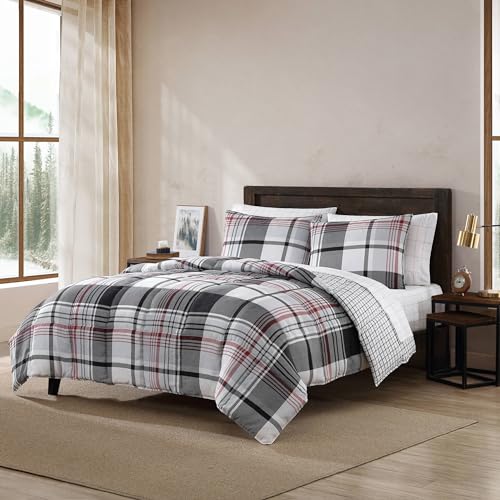 Eddie Bauer Reversible Microsuede Bedding with Matching Sham, Casual Home Decor, Polyester, Normandy Plaid Black, King