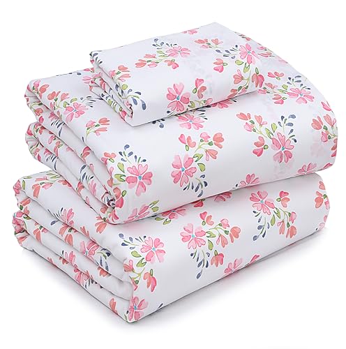 Ruvanti Cotton Sheets - Twin XL Size, Breathable & Durable Percale 16 Inch Deep Pocket Sheets, Red & Pink Floral, Set of 3