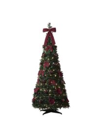Pre-Lit Pop-Up Holly Christmas Tree, Burgundy, 6 ft