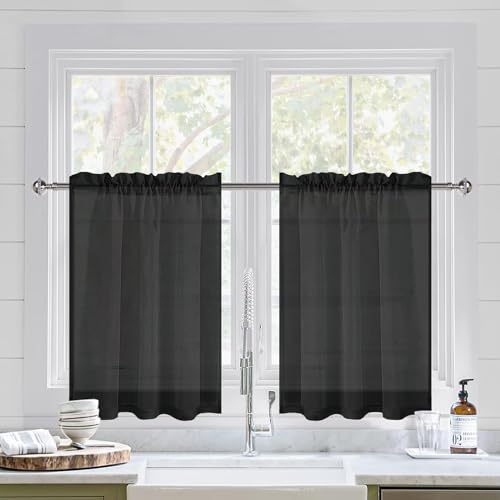 DWCN Sheer Curtains Semi Transparent Voile Rod Pocket Curtains for Bedroom and Living Room, Black, 42 x 36 inches Long, Set of 2 Panels
