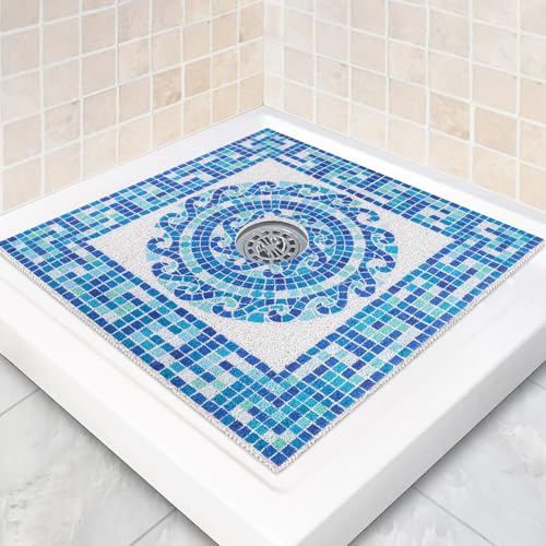 Square Shower Mat Non Slip: 24 x 24 Inch Soft Loofah Shower Stall Mat with Center Drain Hole - Secure Stand Up Shower Grip Pad for Inside Shower