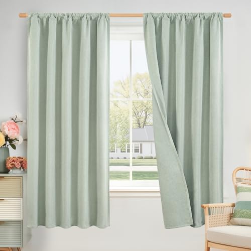 BGment Light Green Blackout Linen Curtains 63 Inch Length for Bedroom, Room Darkening Drapes Textured Privacy for Living Room with Rod Pocket Thermal Insulated, 2 Panels Set, Each 52 Inch Wide