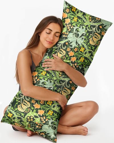 Miss Adola Silk Body Pillowcase with Hidden Zipper - 20x54 Inch Long Soft Pillow Cover for Women Adults Aesthetic Decorative Large Body Pillow Case for Hair Care and Skin Comfort, Green Flowers
