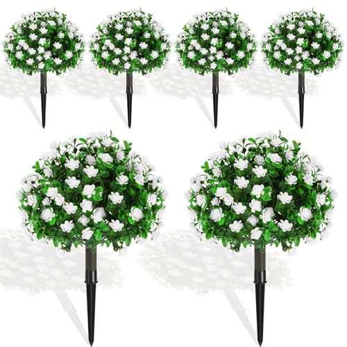 Yunlly Set of 6 Artificial Boxwood Topiary Ball Tree 16 Inch Outdoor Topiary Tree with Flower Fake Bushes, UV Resistance Faux Shrubs Evergreen Plant with Spike for Front Porch Indoor Decor(White)