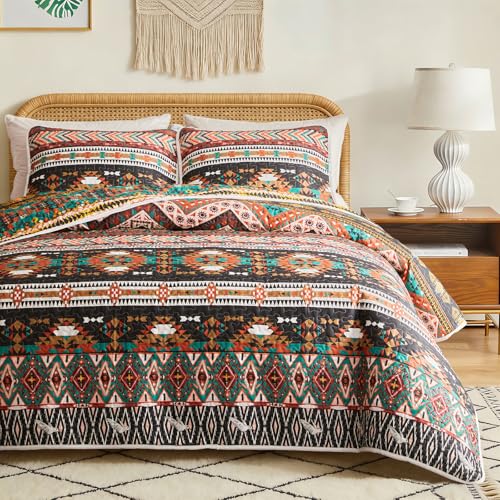 Flysheep 3 Pieces Colorful Boho Quilt Set King Size, Brown Bohemian Striped Printed Bedding Bedspread Coverlet Set for Summer, Soft Lightweight Microfiber Quilt with 2 Shams (102x88 inces)