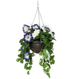 GreenBrokers Artificial Purple & White Petunia Round Rattan Hanging Basket (25cm)