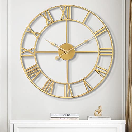 Large Wall Clock Battery Operated - Oversized Ancient Roman Numeral Style, Metal Modern Room Decor, Silent Non-Ticking Round Wall Clock for Living Room, Bedroom, Kitchen, Farmhouse.