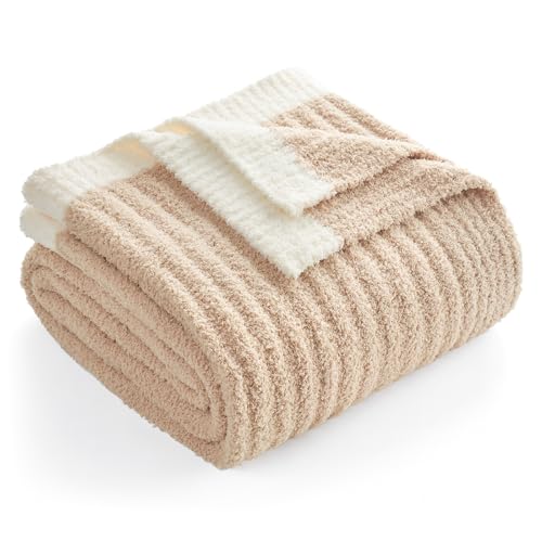 Snuggle Sac Fluffy Ribbed Beige Blanket Twin Size, Soft Luxurious Knit Fuzzy Plush Microfiber Blankets for Sofa, Bed, Beige, 60x80 inches