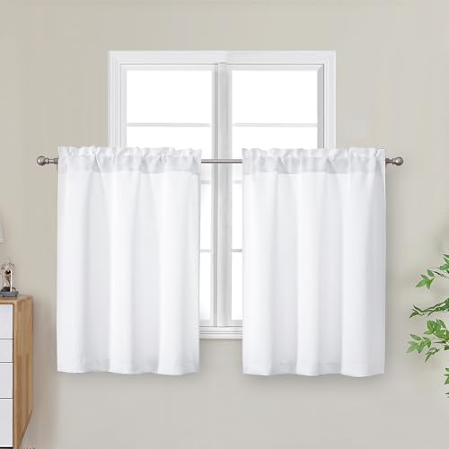 "OWENIE White Kitchen Curtains Tier 30 Inch Length Short for Small Window, Curtains over Sink, Solid Light Filtering Half Window Cafe Curtain for Bathroom Basement Cabinet Camper,Each 30""Wx30""L, White"
